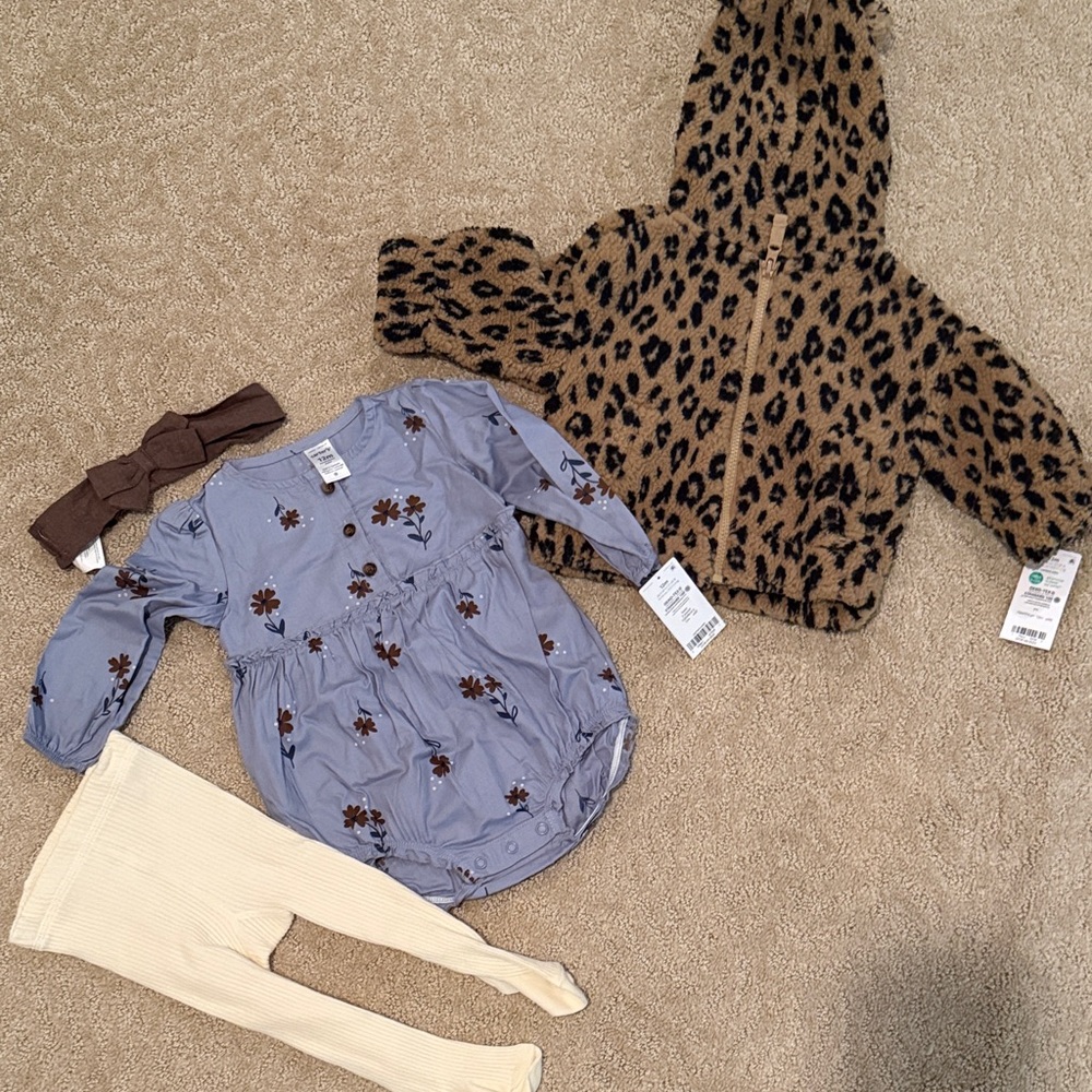 Leopard Print Baby Jacket and Floral Romper Set 12 months